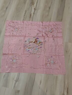 Pink Embroidered Silk Scarf with Floral Motif
